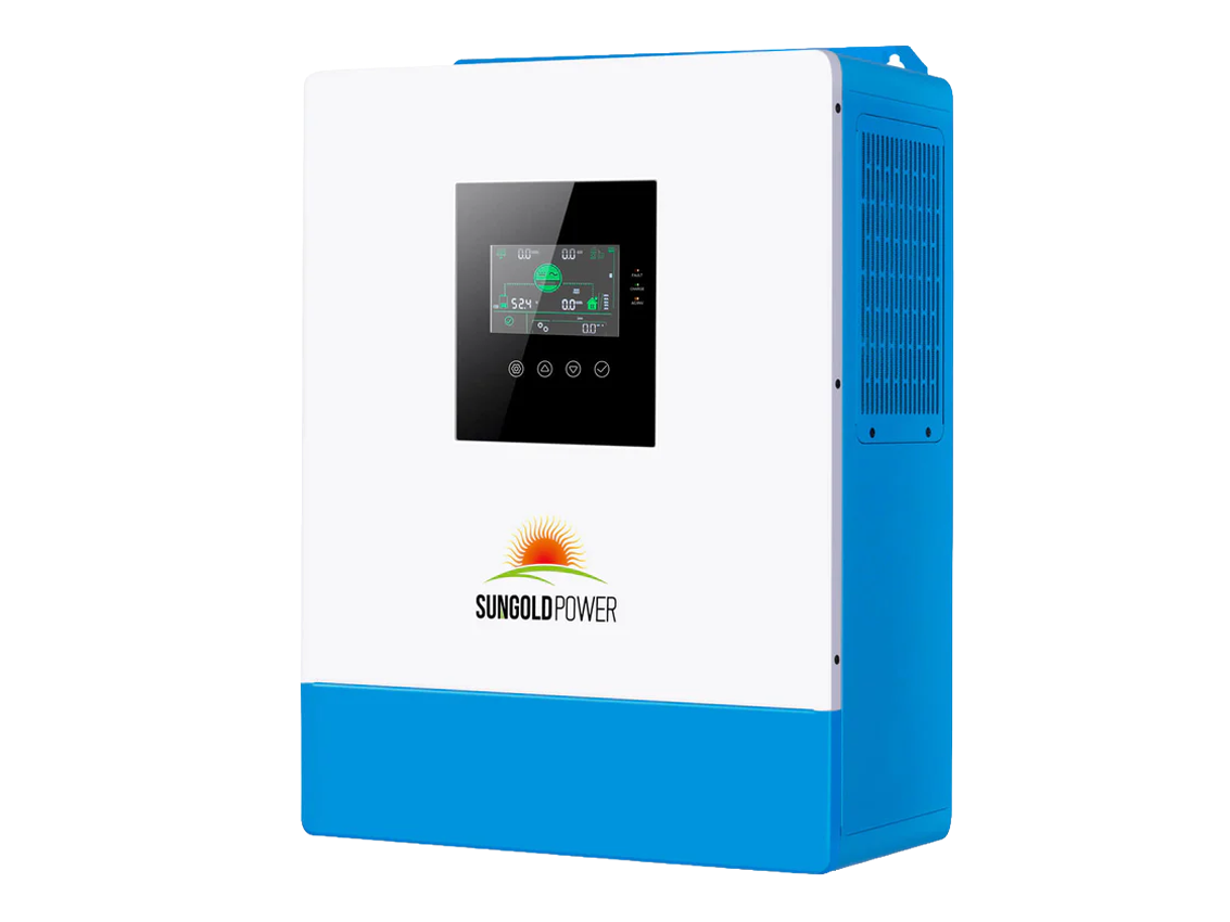 SunGold Power 5000W 48V all-in-one solar inverter in a workshop test setup